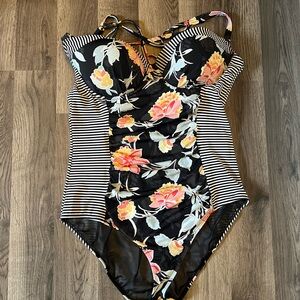 Torrid Black One-Piece Swimsuit with Floral Accents Size 2